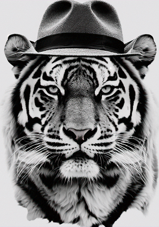 Tiger with Hat Wall Art Black and White