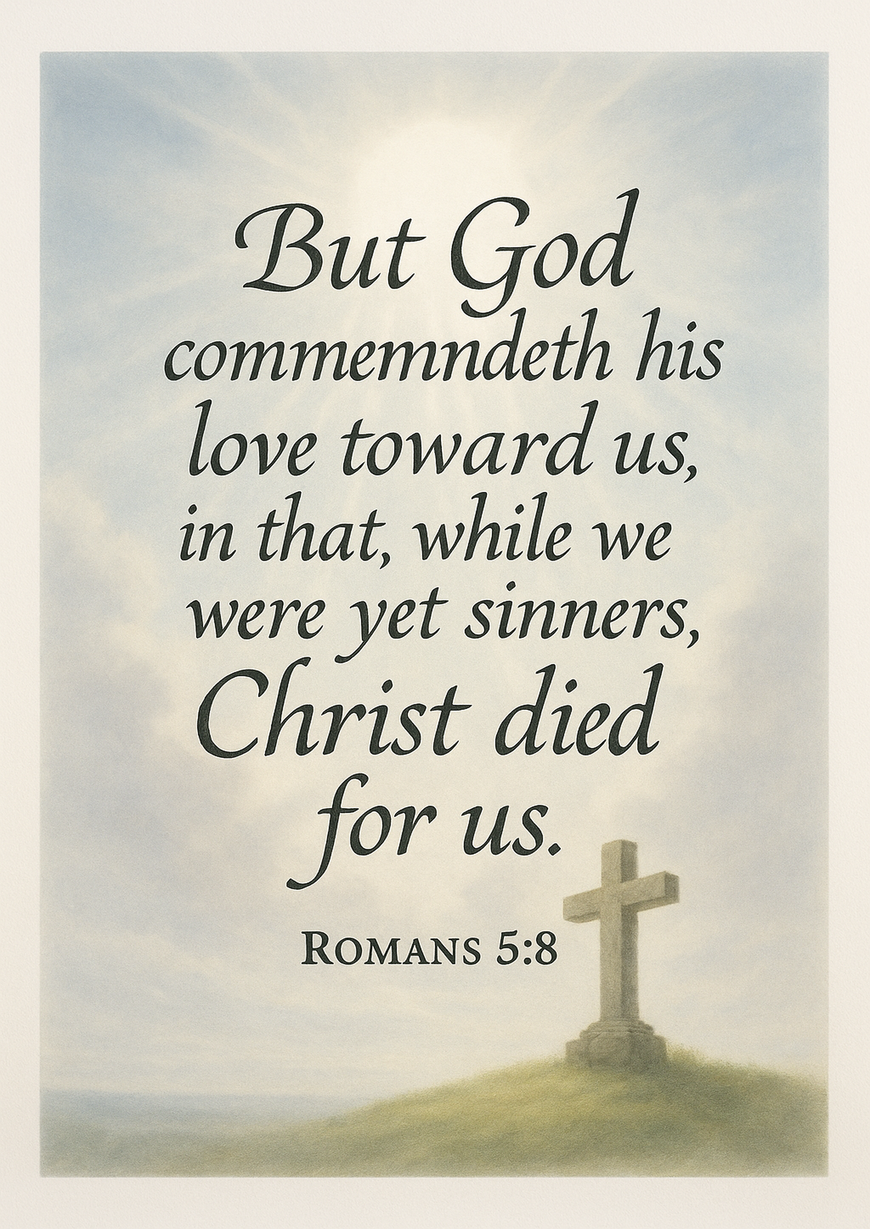 Bible Verse - Christian - Romans 5:8 - But God commendeth his - A3/A4 Poster