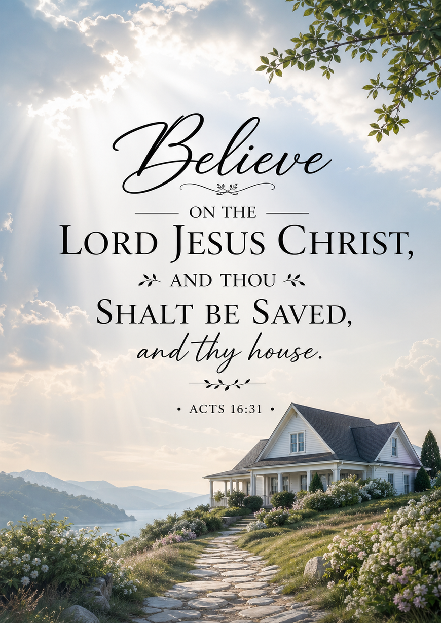 Bible Verse - Christian - Acts 16:31 - Believe on the Lord - A3/A4 Poster