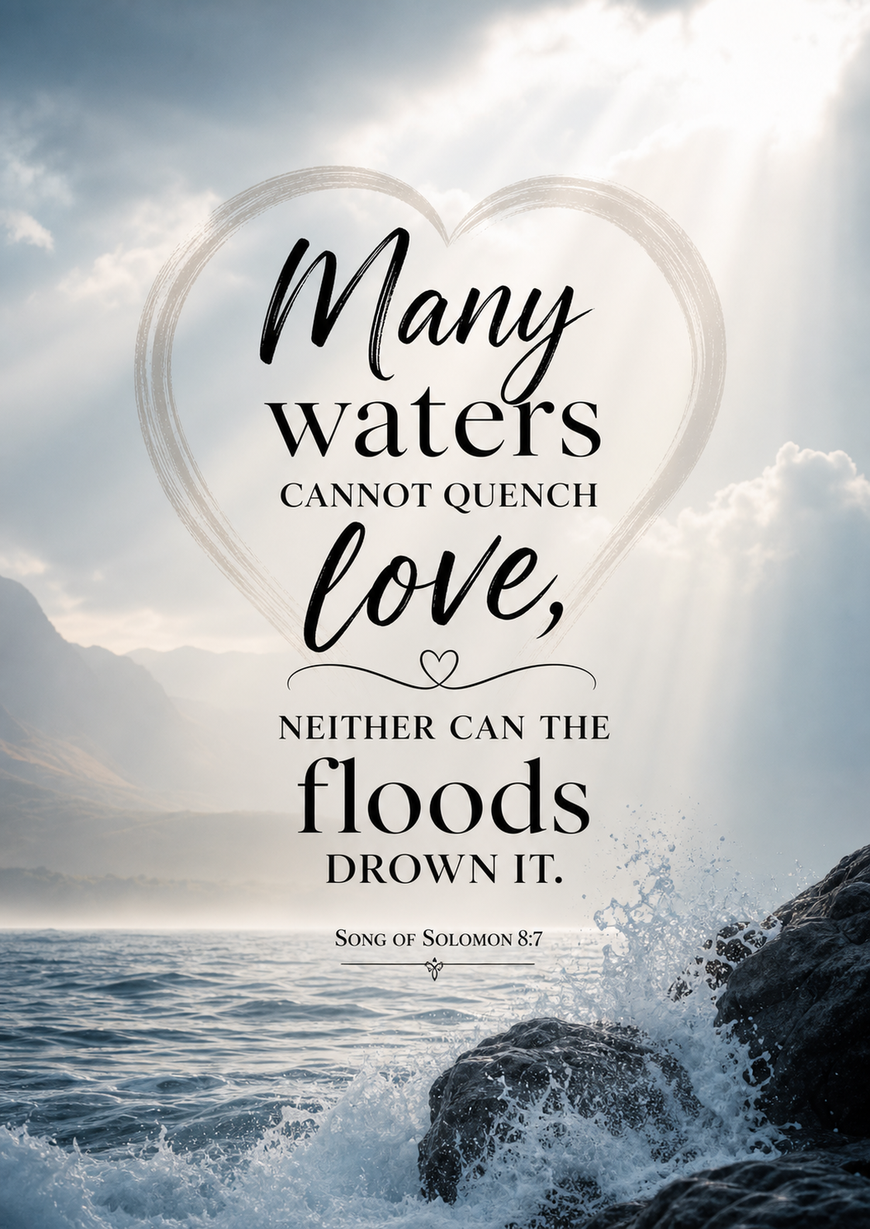 Bible Verse - Christian - Song of Solomon 8:7 - Many waters cannot quench - A3/A4 Poster